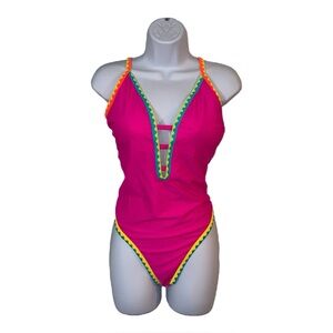 Popvil One Piece Deep V Neon Swimsuit Large NWT